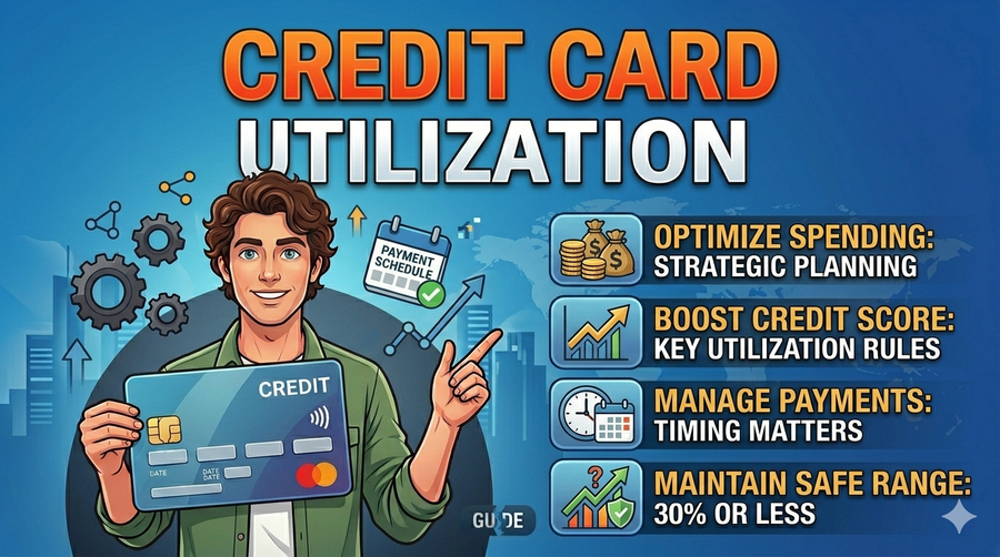 Illustration of a young man holding a credit card with text on credit card utilization and tips for improving credit.