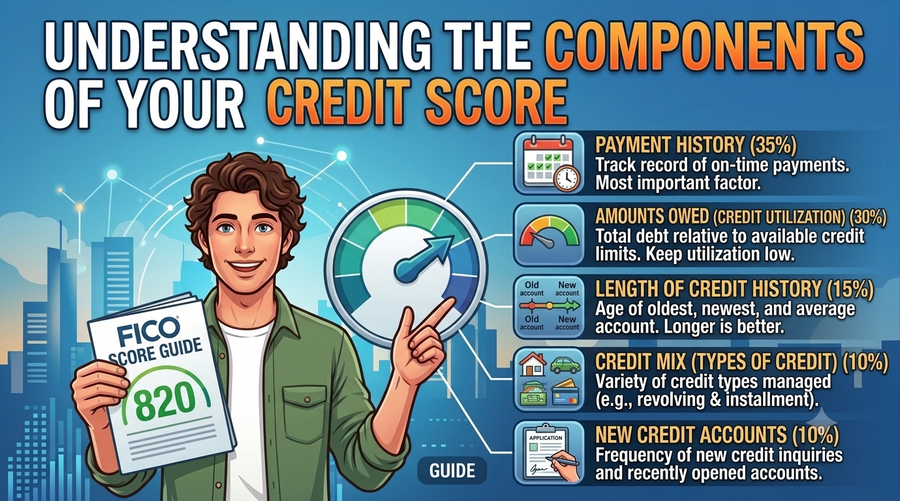 Understanding credit scores basics infographic illustrating credit score components and their impact on overall scores.