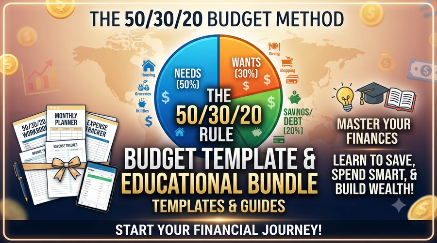 The 503020 Budget Template Bundle showcasing the 50/30/20 budgeting method with pie chart and financial planning tools.