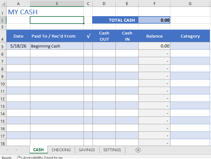 account register – Checking, Savings & Cash Account Register