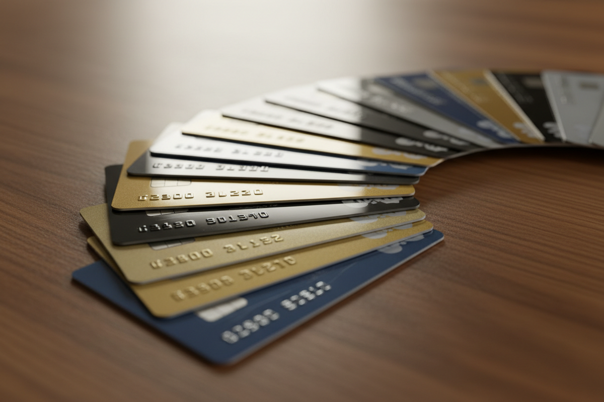 Complete credit card package benefits with multiple credit cards arranged on a wooden surface.